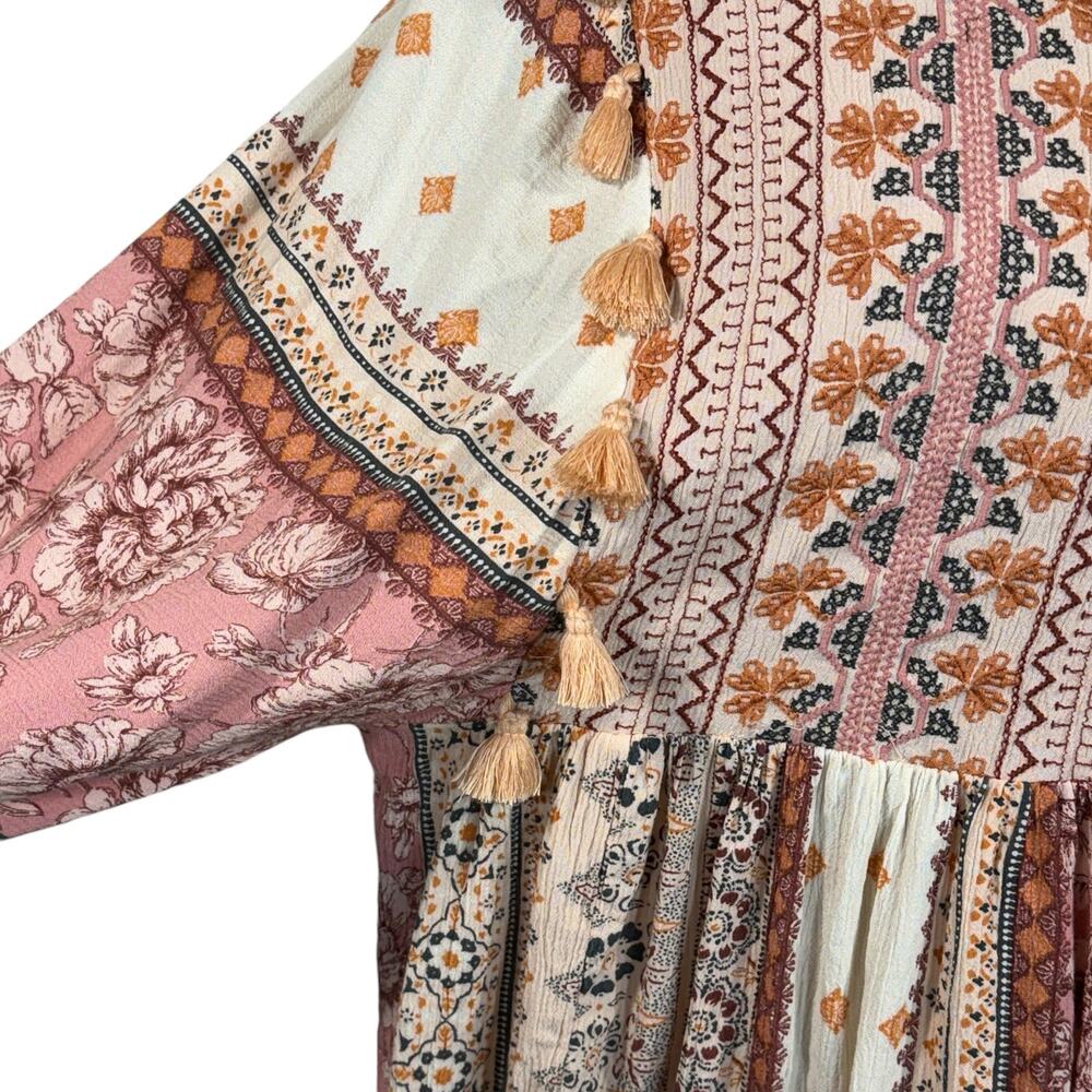 American Eagle Medium Boho Top Embroidered Tassel Long Sleeve Keyhole Pink Multi - Picture 2 of 11